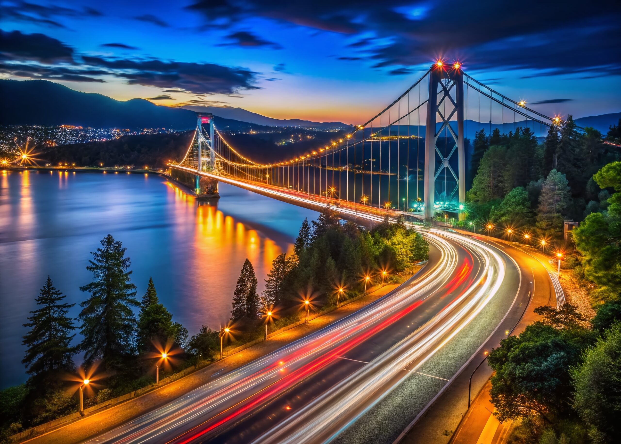Lions Gate Bridge Night Vancouver Long Exposure Cityscape Panorama
